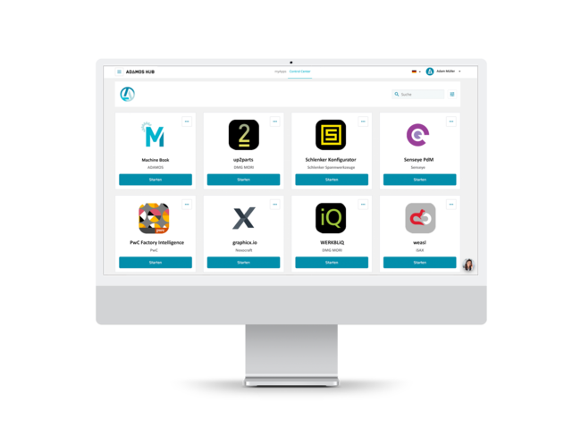Der ADAMOS HUB myApps Bereich als individueller Startbildschirm für alle erworbenen Apps